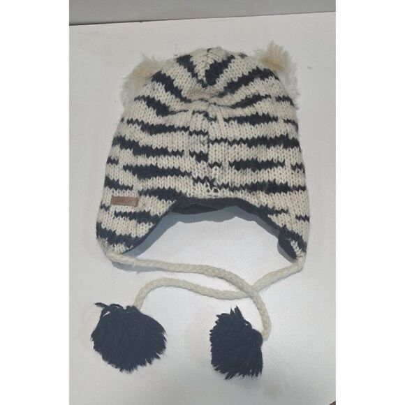 Delux Knit Wool Zebra Earflap Hat With Pom-Poms & Furry Ears For Kids - Picture 3 of 7